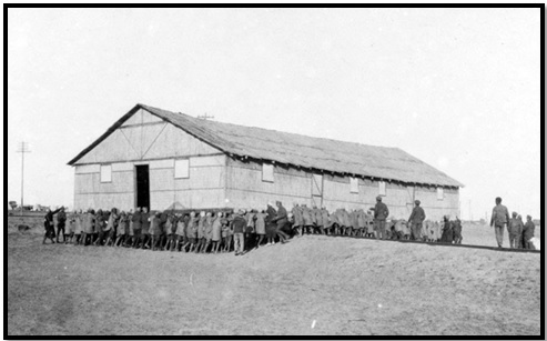 أنفار من فرقة العمال المصرية أثناء نقل عنبر خشبي إلى نقطة التمركز الجديدة (اللُد ـ فلسطين 1917)