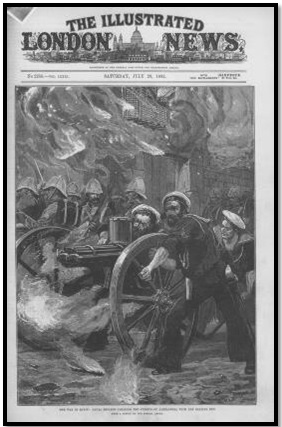 غلاف جريدة لندن المصورة 29يوليو1882م – رسم بعنوان الحرب المصرية جنود البحرية تؤمن شوارع الإسكندرية